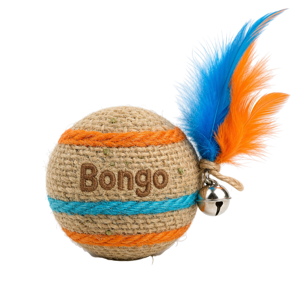 Bongo sisal cat ball with orange and blue stripes, feathers, and a silver bell