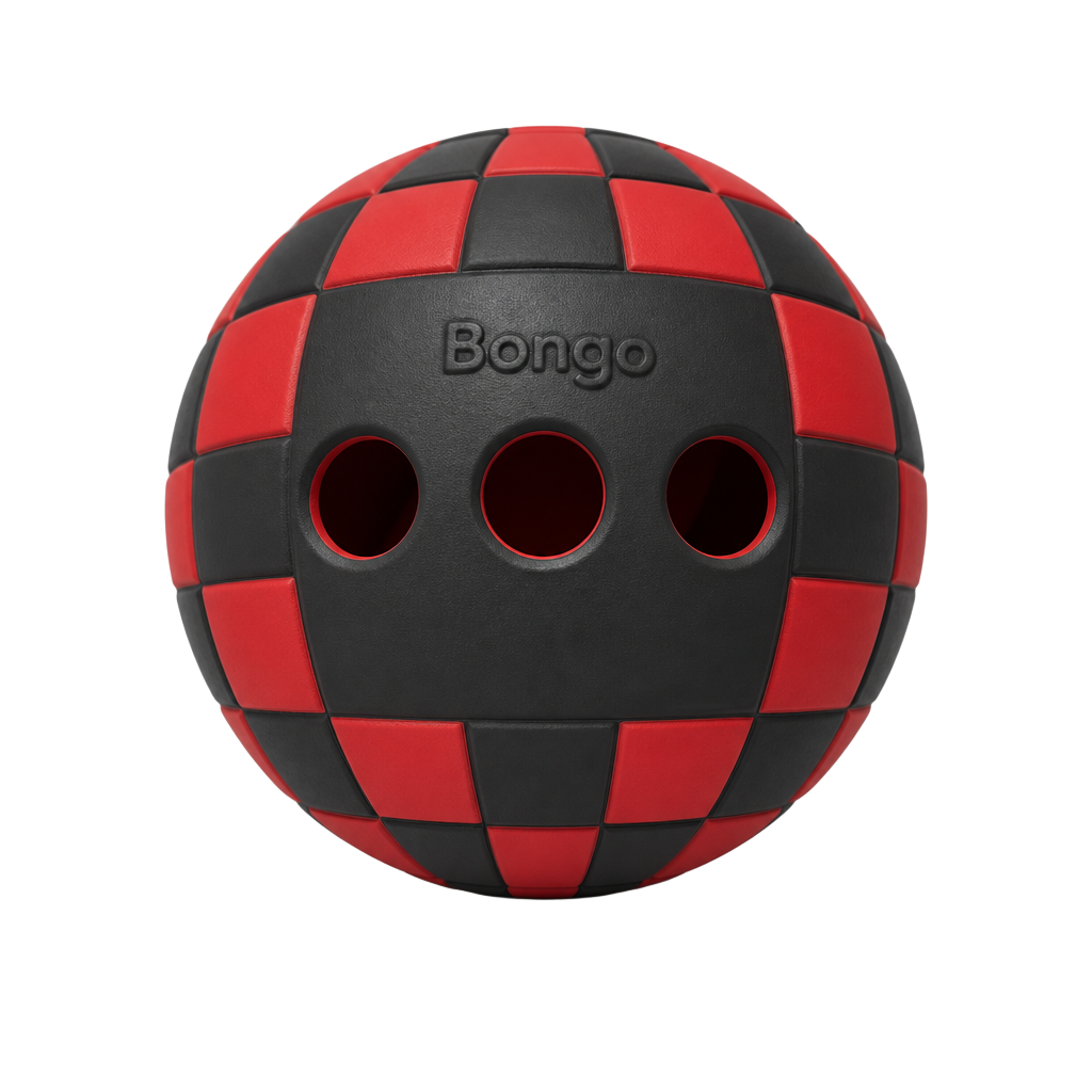 Red and black checkered Bongo ball with three large holes